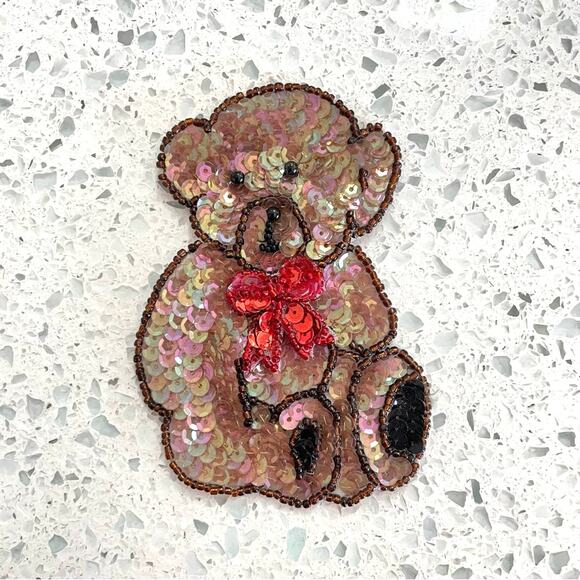 Vintage Teddy Bear Sequin Patch Small Brown Red Bow - Picture 1 of 4